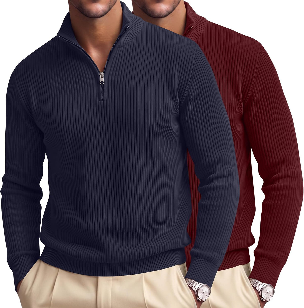 Men's Ribbed Knit Quarter Zip Pullovers 2 Pack - Cotton Blend, Mock Neck, Big and Tall for the Office - Medium