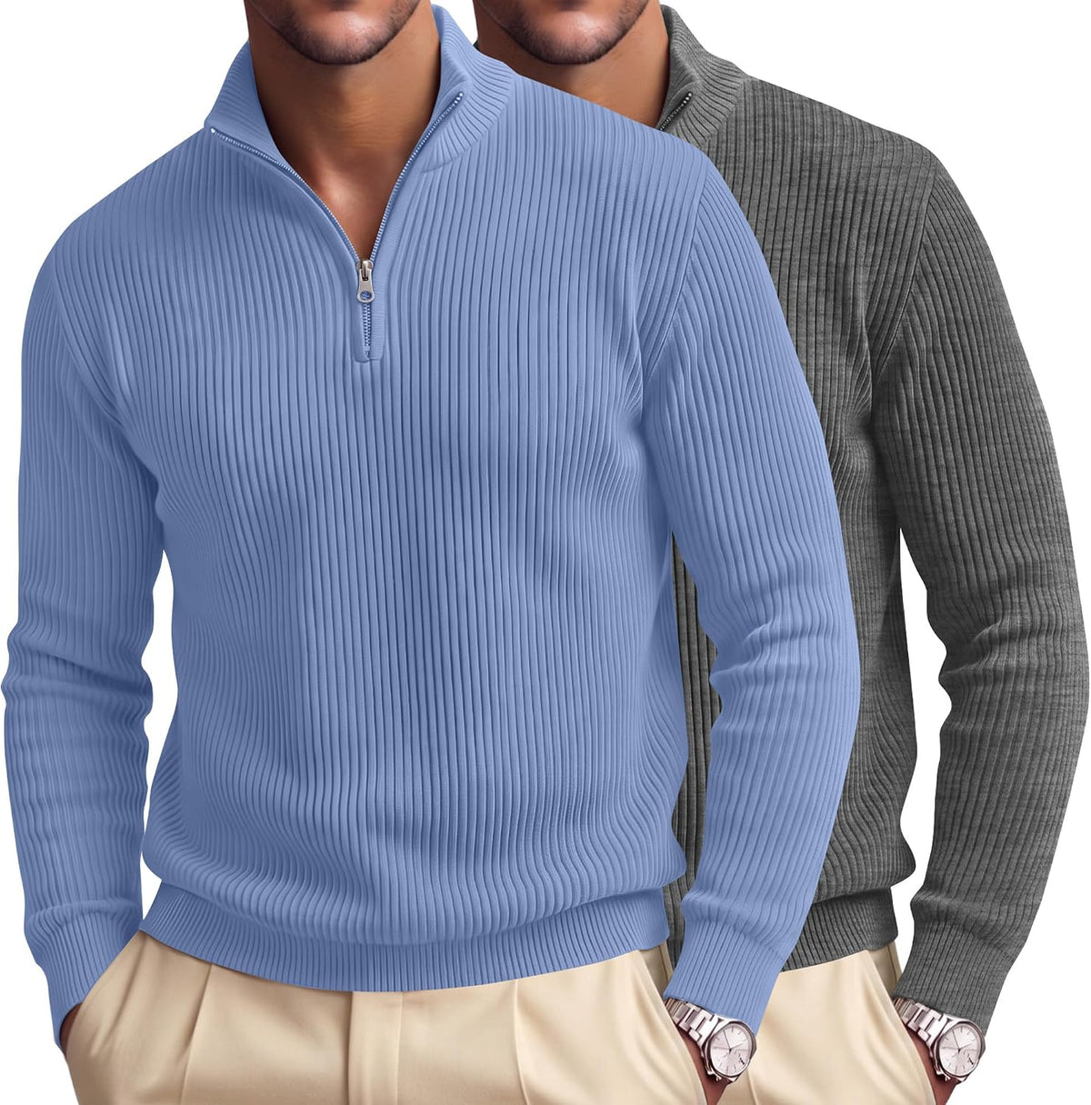 Men's Ribbed Knit Quarter Zip Pullovers 2 Pack - Cotton Blend, Mock Neck, Big and Tall for the Office - Medium