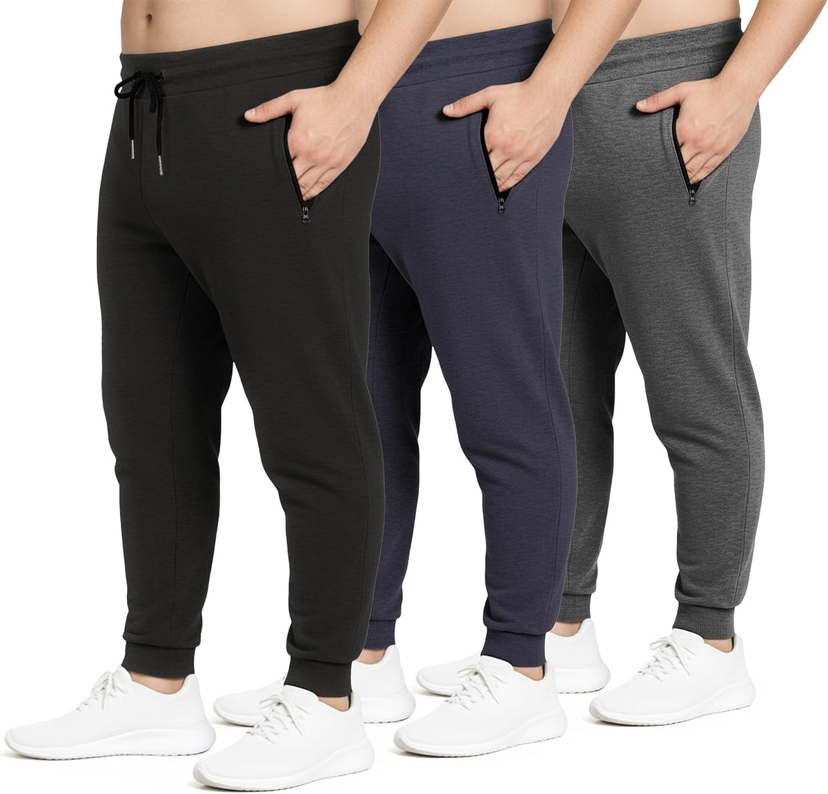 Men's Fleece Athletic Joggers 3 Pack - Zipper Pockets, Big and Tall Sizes for Workouts and Lounging - Standard (20)