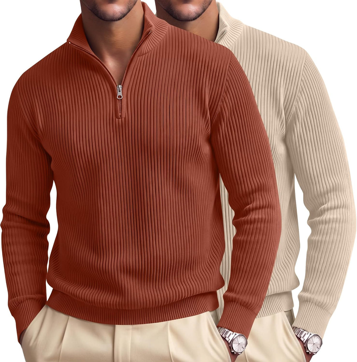 Men's Ribbed Knit Quarter Zip Pullovers 2 Pack - Cotton Blend, Mock Neck, Big and Tall for the Office - Large