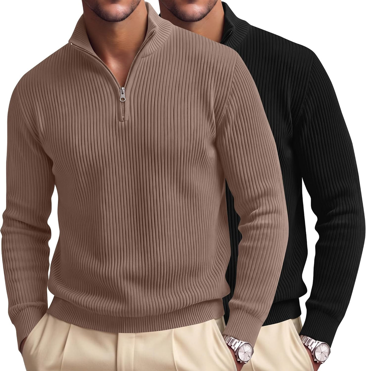 Men's Ribbed Knit Quarter Zip Pullovers 2 Pack - Cotton Blend, Mock Neck, Big and Tall for the Office - Medium