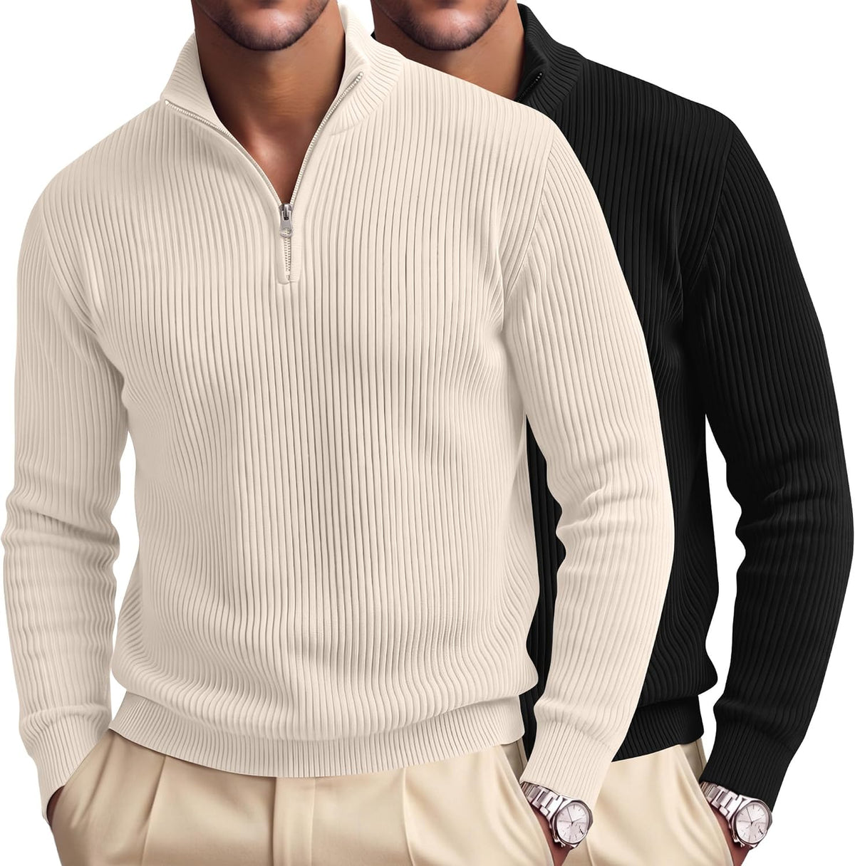 Men's Ribbed Knit Quarter Zip Pullovers 2 Pack - Cotton Blend, Mock Neck, Big and Tall for the Office - Medium