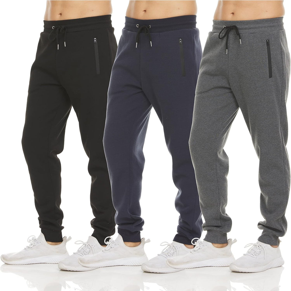 Men's Fleece Athletic Joggers 3 Pack - Zipper Pockets, Big and Tall Sizes for Workouts and Lounging - Standard (12)