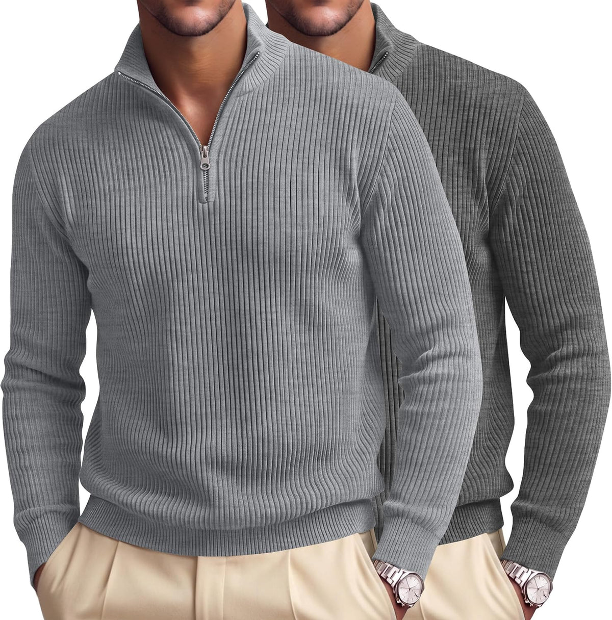 Men's Ribbed Knit Quarter Zip Pullovers 2 Pack - Cotton Blend, Mock Neck, Big and Tall for the Office - Medium