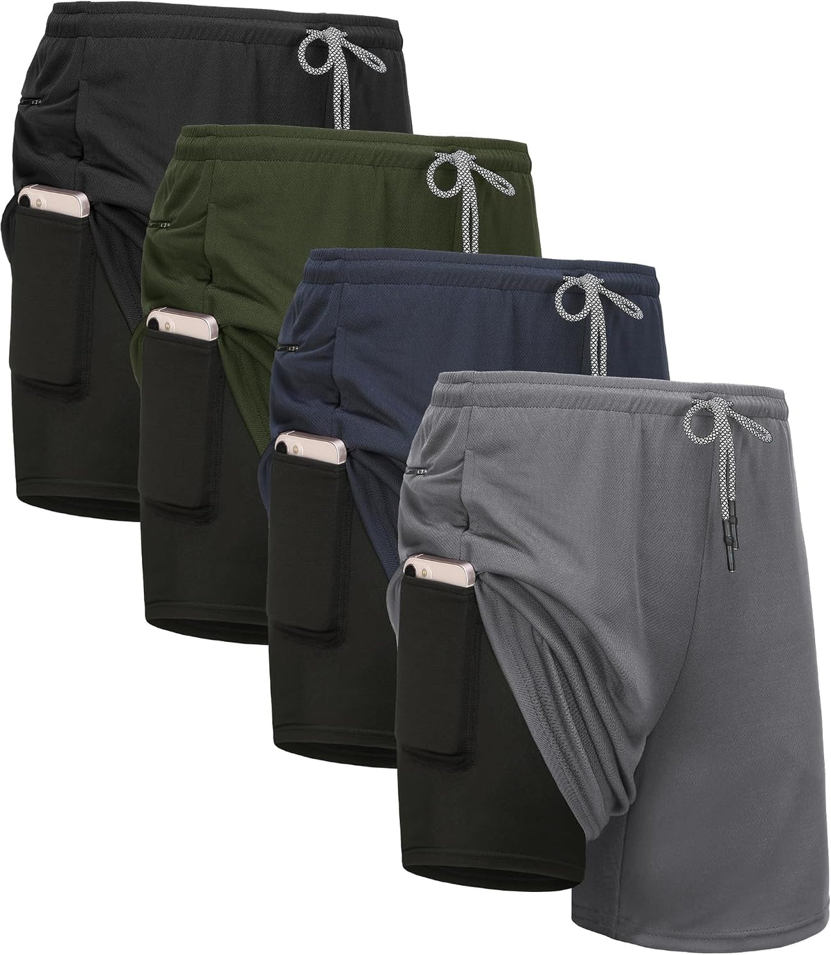 Men's 2 in 1 Lined Running Shorts, Single or 4 Pack - Built-in Liner, Quick Dry with Side Pockets - Small