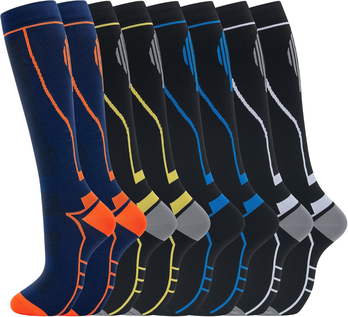 Unisex Knee High Compression Socks 8 Pairs - Graduated Support for Nurses, Travel and Running - Large-X-Large