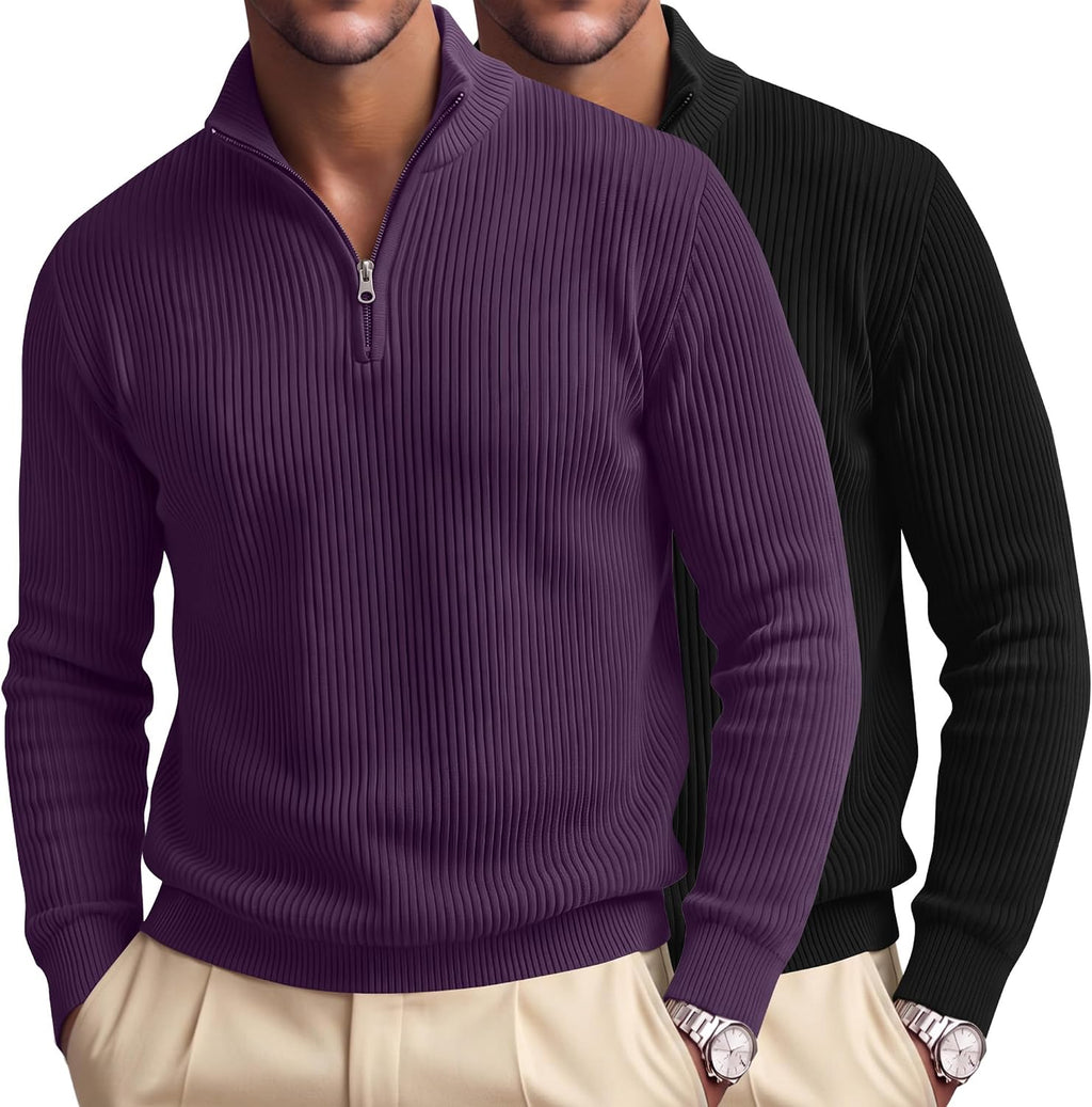 Men's Ribbed Knit Quarter Zip Pullovers 2 Pack - Cotton Blend, Mock Neck, Big and Tall for the Office - Medium