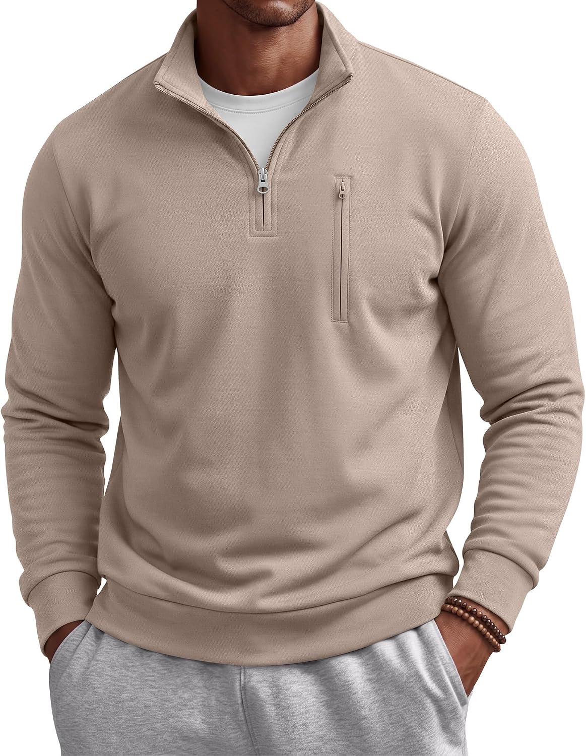 Men's Cotton Quarter Zip Sweatshirt - Mock Neck, Chest Pocket, Big and Tall Sizes for Golf and Office - Medium