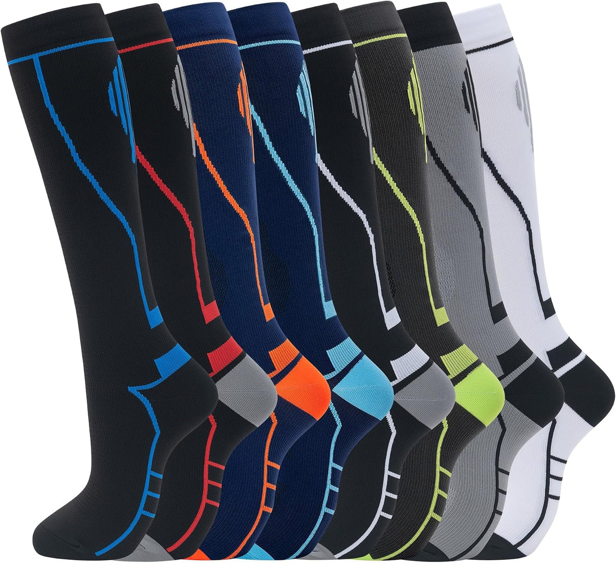 Unisex Knee High Compression Socks 8 Pairs - Graduated Support for Nurses, Travel and Running - Small-Medium