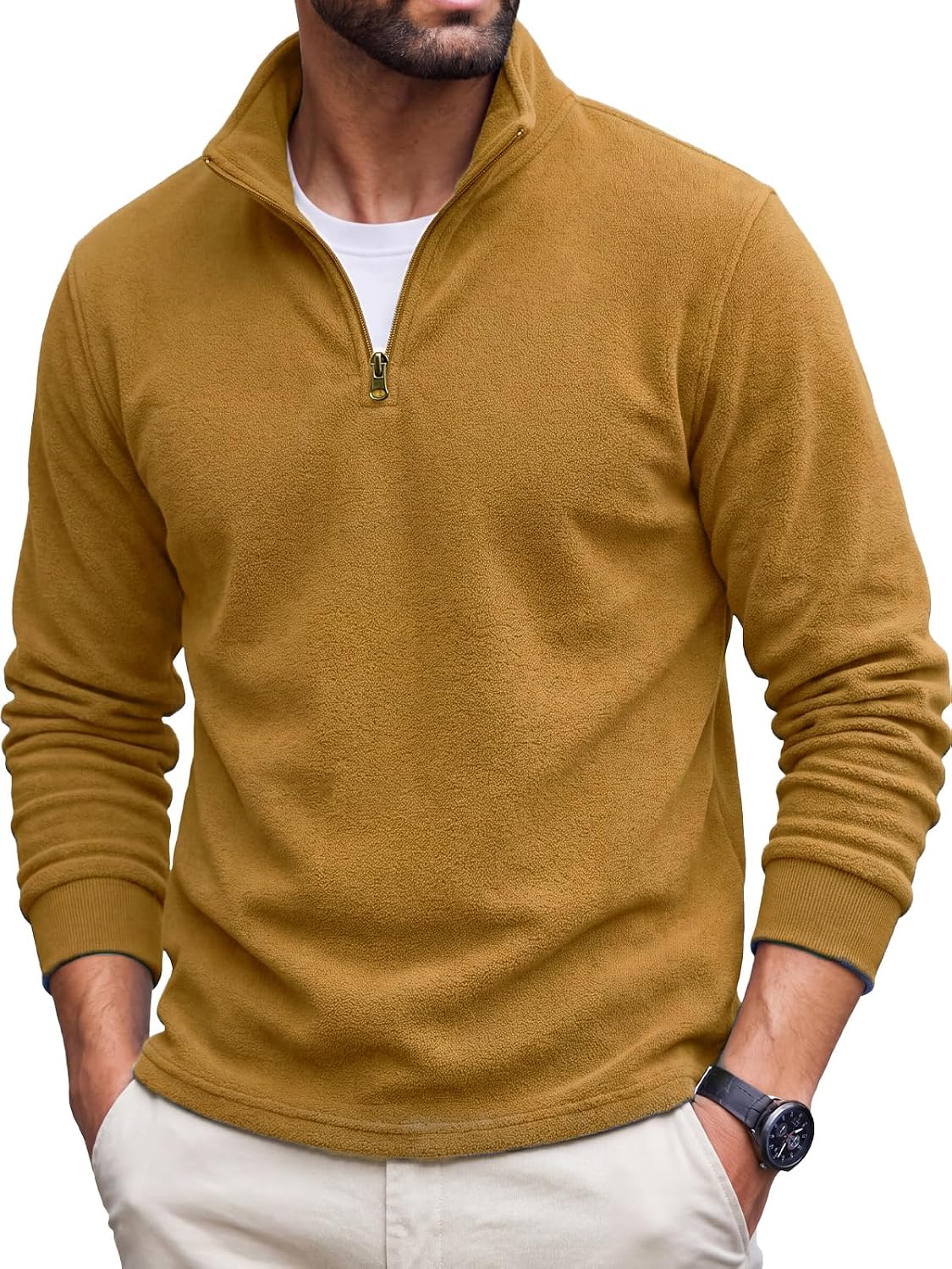 Men's Fleece Quarter Zip Pullover - Mock Neck, Long Sleeve, Brushed Lining for Golf and Work Days - Medium