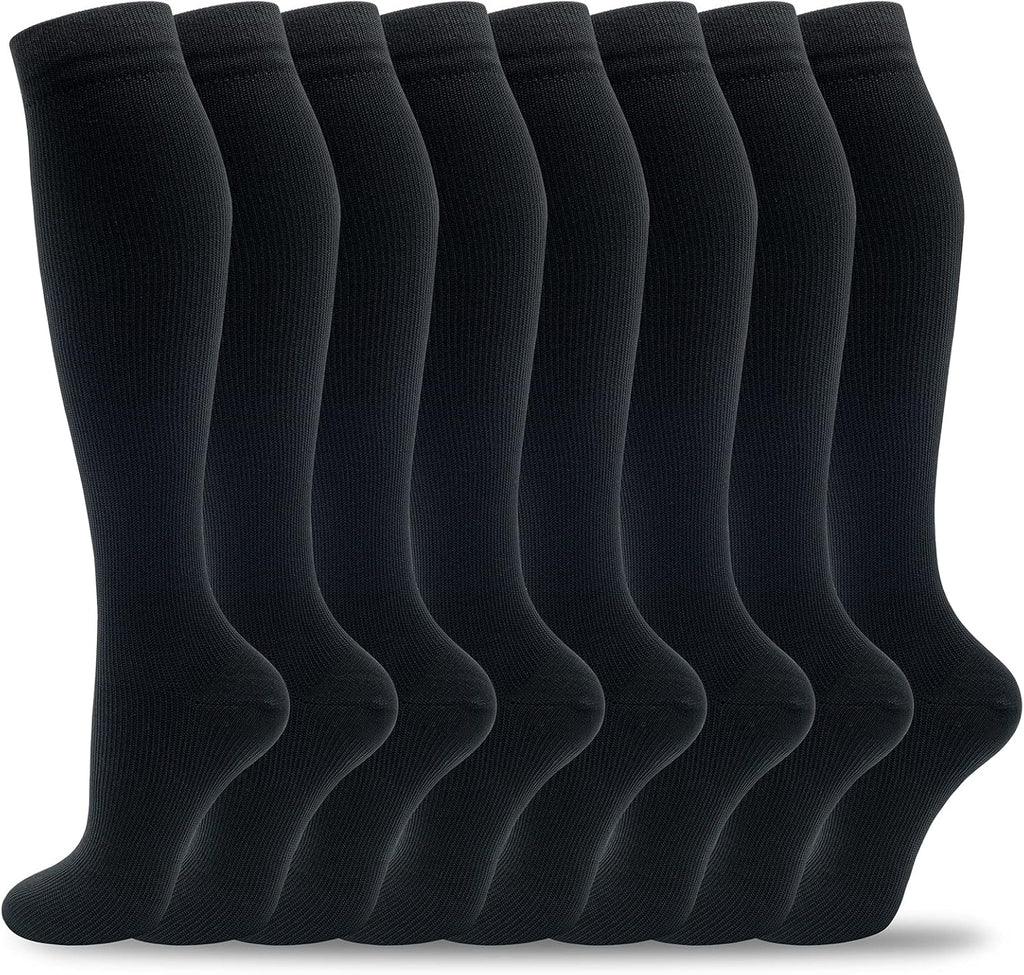 Unisex Knee High Compression Socks 8 Pairs - Graduated Support for Nurses, Travel and Running - Large-X-Large