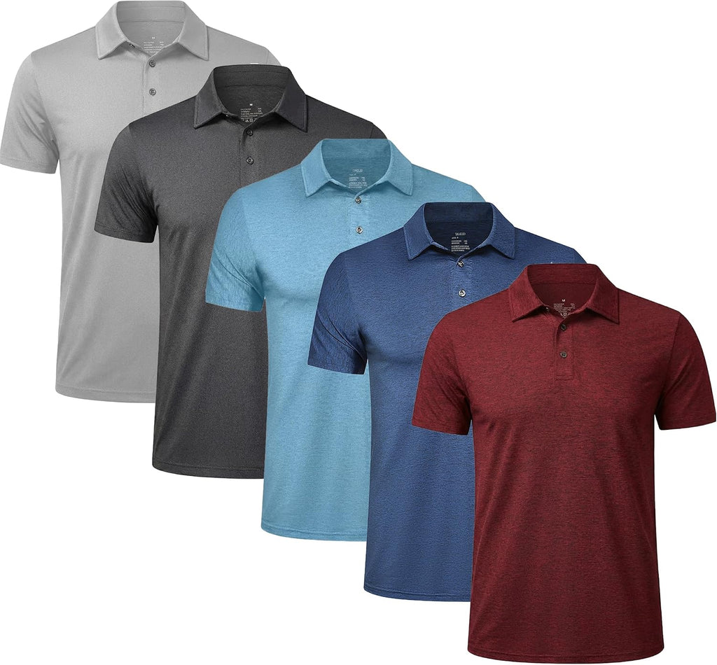 Men's Golf Polo Shirts 5 Pack - Three Button Placket, Tagless Collar, Sun Protection for Tennis Days - Small