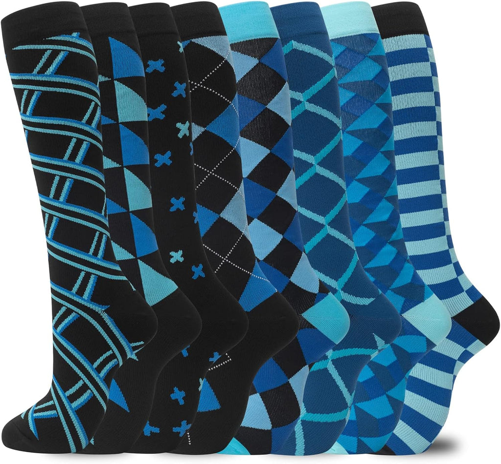 Unisex Knee High Compression Socks 8 Pairs - Graduated Support for Nurses, Travel and Running - Small-Medium
