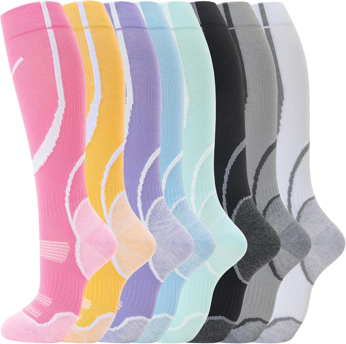 Unisex Knee High Compression Socks 8 Pairs - Graduated Support for Nurses, Travel and Running - Small-Medium