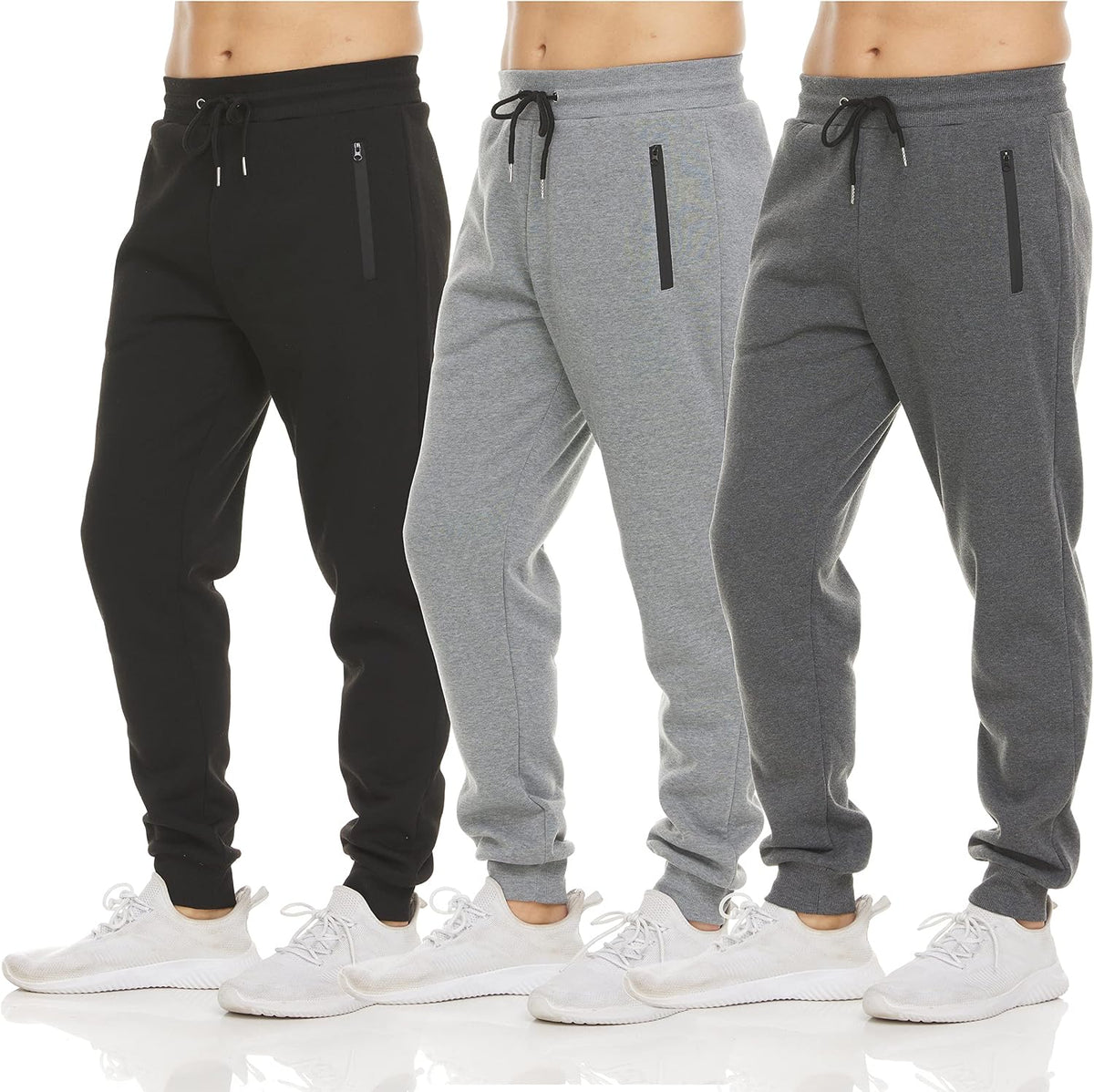 Men's Fleece Athletic Joggers 3 Pack - Zipper Pockets, Big and Tall Sizes for Workouts and Lounging - Big